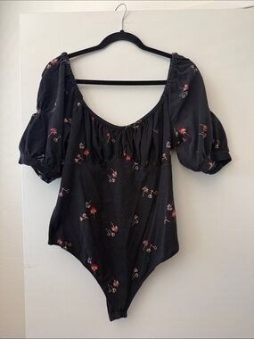 Free People Black Floral Puff Sleeve Bodysuit